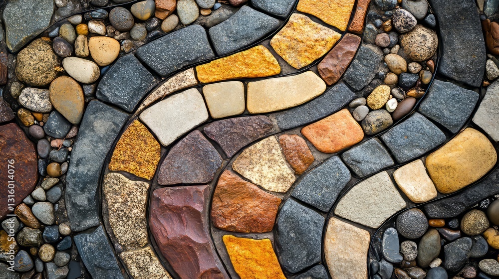 Poster a top-down view of a pebbled pathway, with the texture of the stones varying in size and color, crea