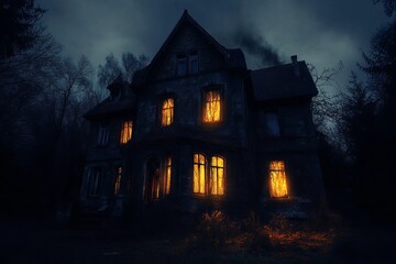 An eerie view of an abandoned house with glowing windows, surrounded by a dark forest at dusk. The atmosphere evokes feelings of mystery and unease.