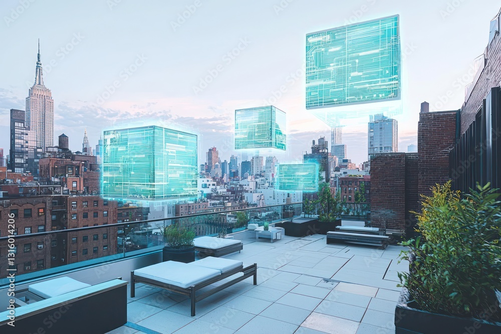 Poster rooftop workspace holograms float ai tools for talent optimization.