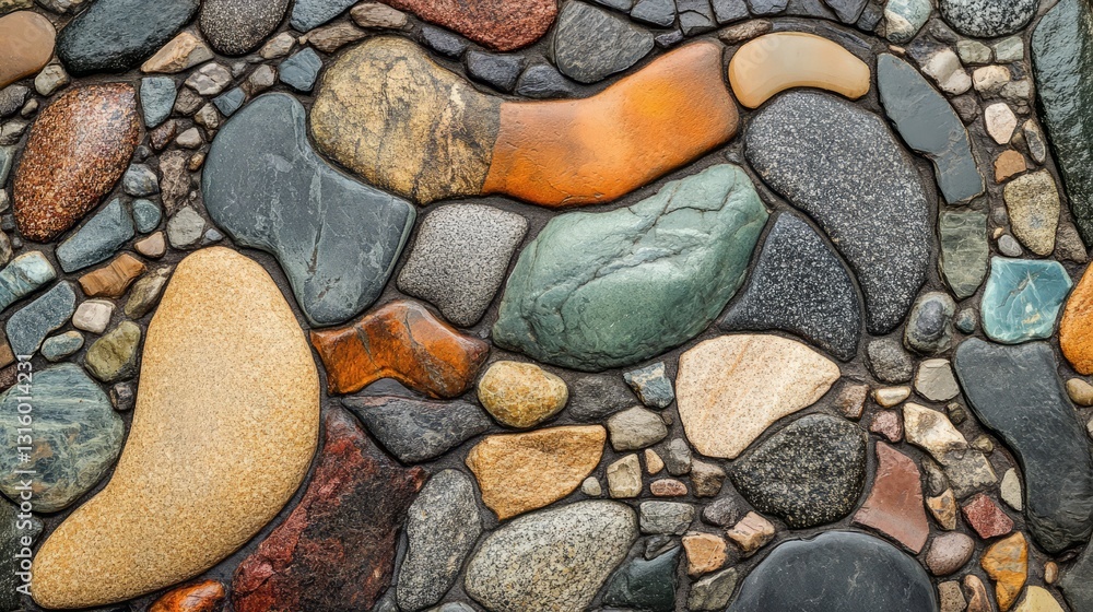 Poster a top-down view of a pebbled pathway, with the texture of the stones varying in size and color, crea