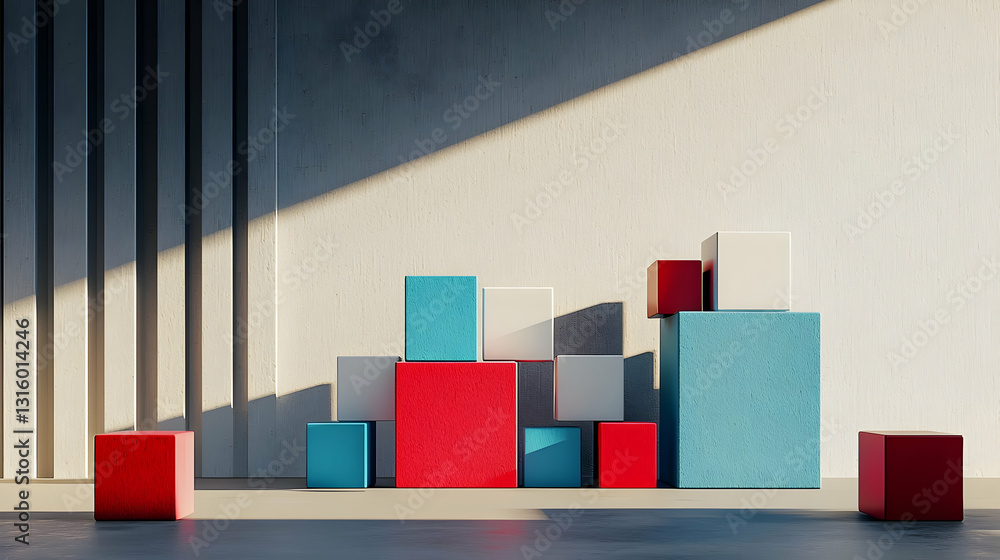 Poster 3d render of minimalist geometric shapes and blocks in red blue and white on concrete floor with tex