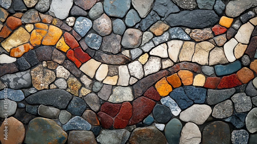 Poster a top-down view of a pebbled pathway, with the texture of the stones varying in size and color, crea