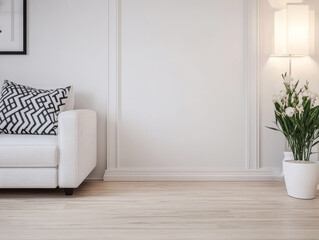 Modern living room design with cozy couch and stylish lamp in bright interior space