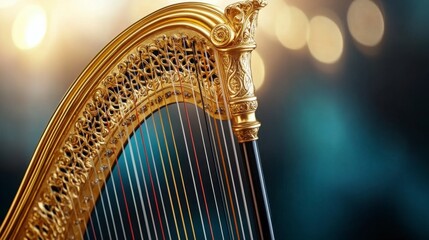 A beautifully crafted golden harp with intricate details, set against a soft, blurred background of twinkling lights.
