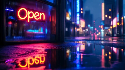 Neon-lit street scene at night with an 'Open' sign reflecting in puddles, vibrant city ambiance