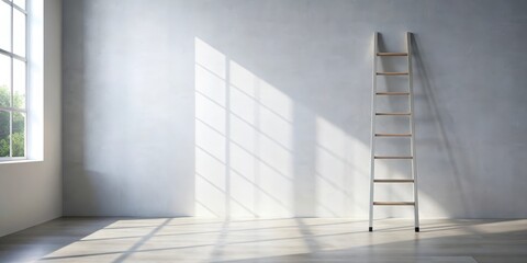 Empty room with a leaning ladder bathed in sunlight streaming through a large window