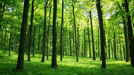 Obraz premium Lush Green Forest with Tall Trees and Sunlight Filtering Through Leaves in a Peaceful Natural Landscape
