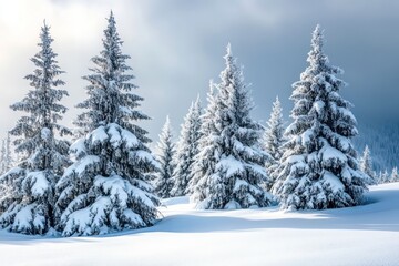 Fototapeta premium Snow-capped pine trees forming a breathtaking natural winter landscape.