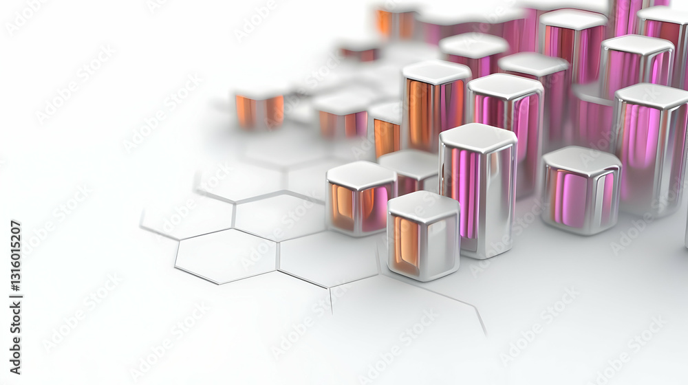 Poster 3d render of geometric shapes with pink and orange metallic cylinders on a white hexagonal grid back