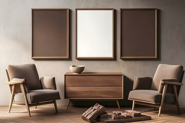 Beige Living Room Interior with Armchairs and Drawings: Stylish Decor for Modern Homes