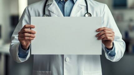 Doctor in white coat holding blank paper. Ideal for medical, healthcare, or announcement designs.