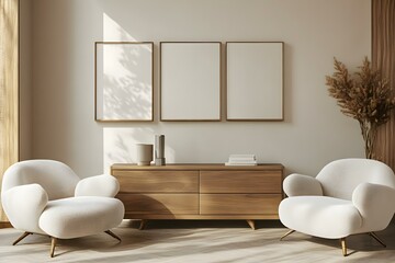 Beige Living Room Interior with Armchairs and Drawings: Stylish Decor for Modern Homes