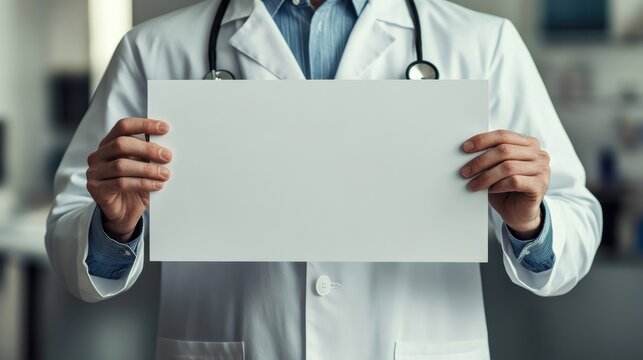 Doctor in white coat holding blank paper. Ideal for medical, healthcare, or announcement designs.