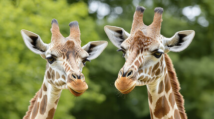 Obraz premium Giraffes standing close together, showcasing their unique patterns and expressions in natural setting