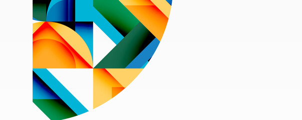 Abstract geometric composition with interlocking circular and angular shapes, featuring smooth gradients and sharp contrasts on a white background