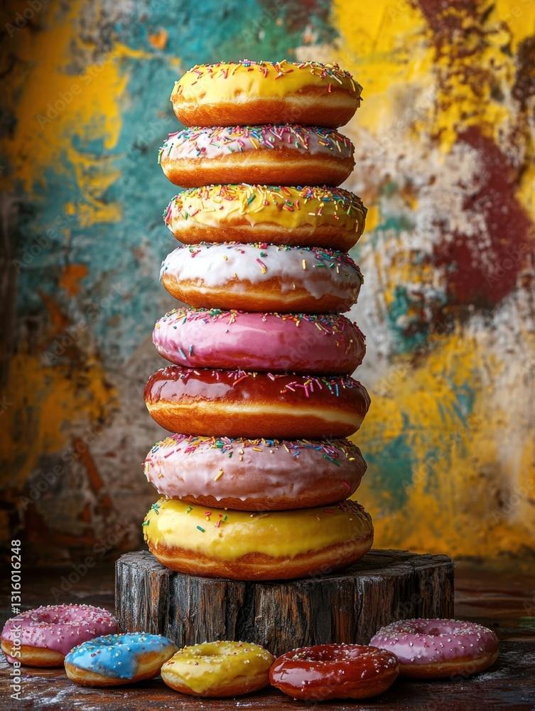 Poster stack of delicious colorful donuts with sprinkles on rustic wood display against abstract background