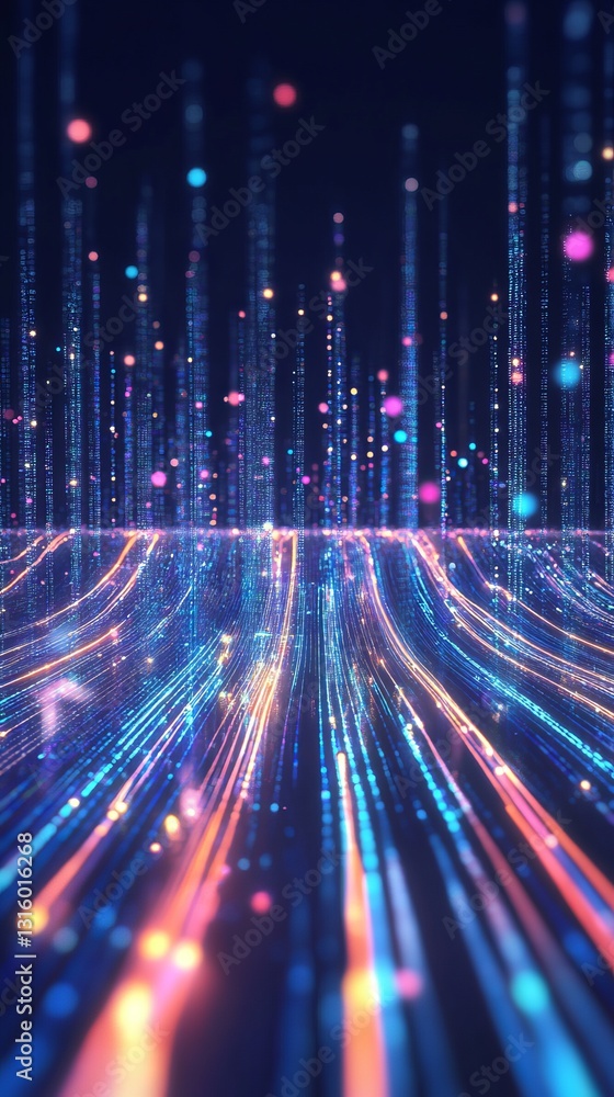 Poster experience the beauty of vibrant data streams illuminated by realistic lighting effects, ideal for s