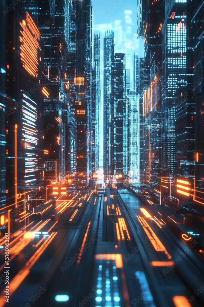 Poster experience a vibrant 3d cityscape filled with flowing data and dynamic lighting. this realistic visu