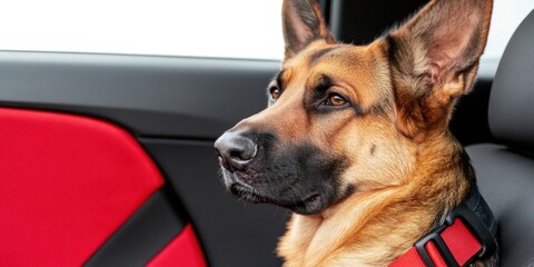 Obraz premium Mindful Pet Safety German Shepherd in Advanced Travel Harness - Innovative Canine Mobility Design for Responsible Urban Pet Transportation