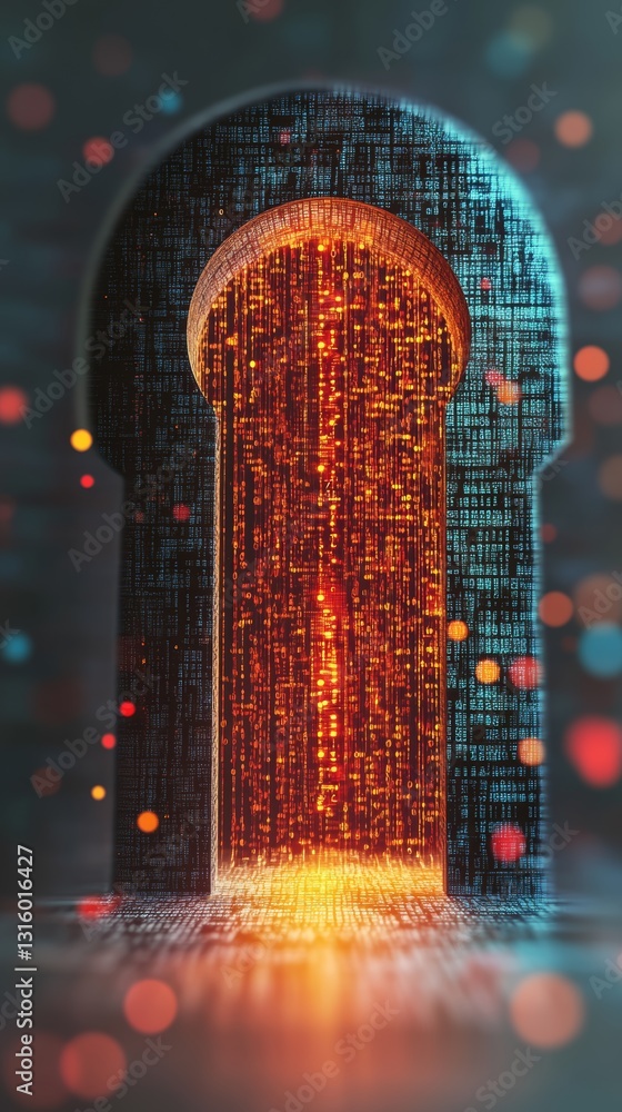 Poster vibrant digital keyhole design showcasing glowing data streams and binary patterns. perfect for tech
