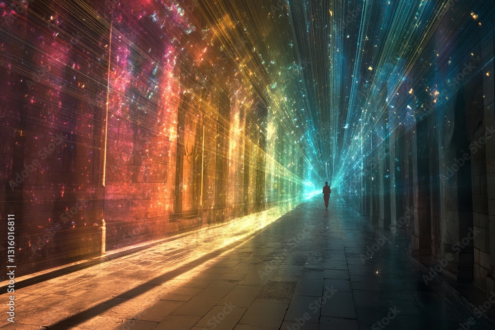 Poster a colorful tunnel with a person walking through it. the tunnel is illuminated with a rainbow of colo
