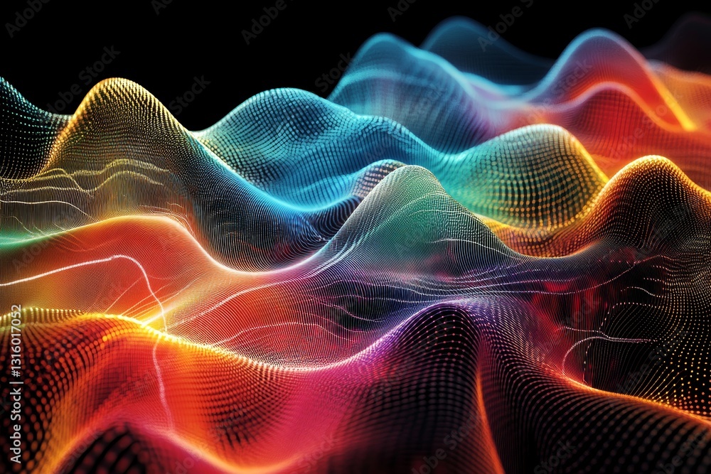 Poster this vibrant abstract illustration showcases a colorful wavy surface with dynamic patterns and light