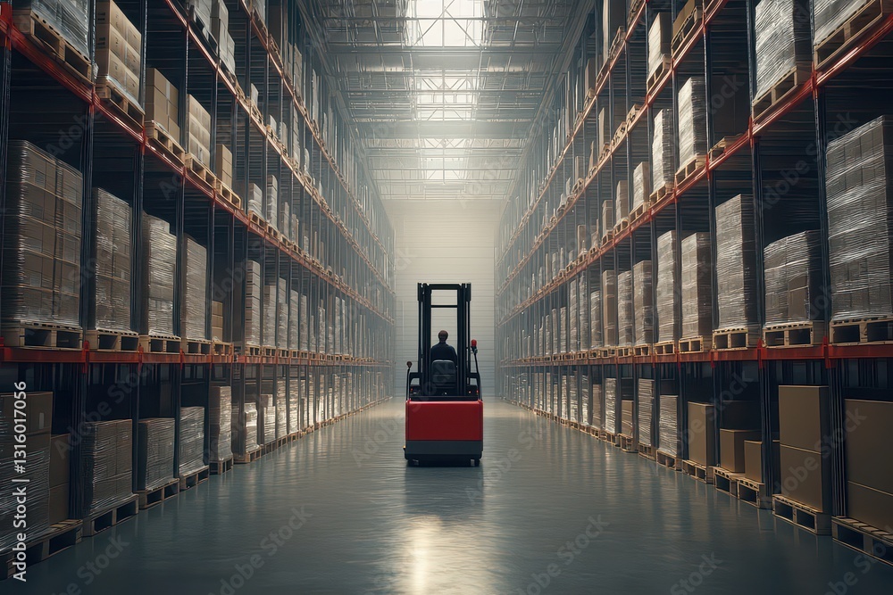 Poster forklift operator navigating through a spacious warehouse filled with stacked pallets