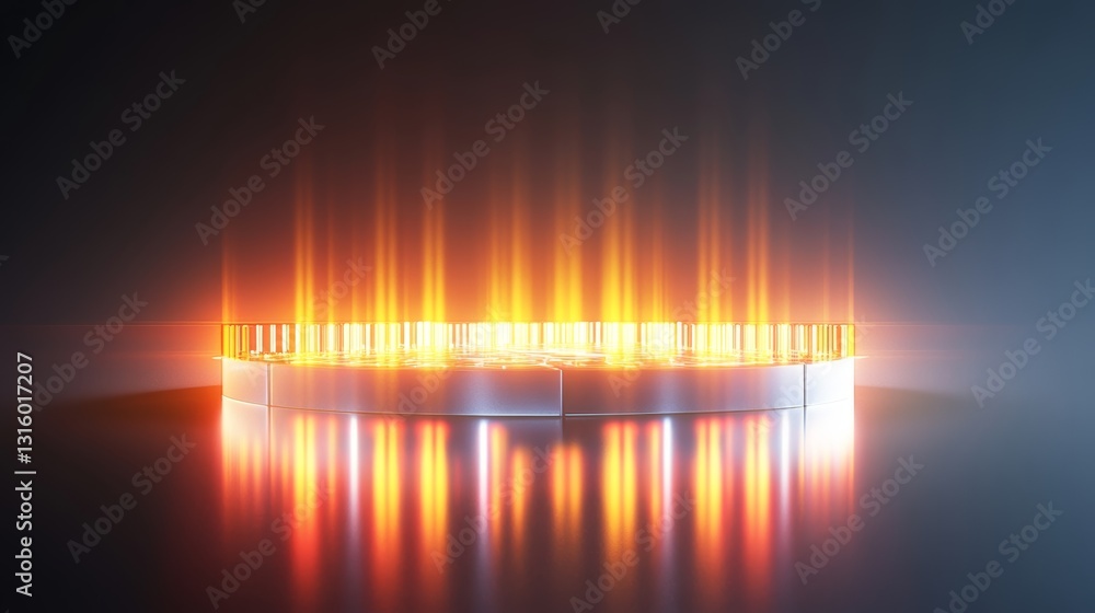 Poster a captivating circular display producing radiant light beams and vivid reflections on a glossy surfa