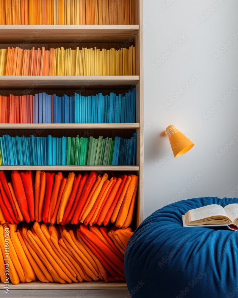 Poster chromatic reading sanctuary vibrant color-coded bookshelf and cozy mindfulness nook - aesthetic lear