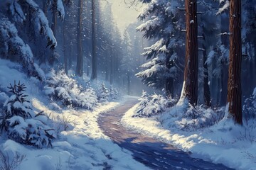 Snow-dusted trail winding through a winter pine forest, crisp air and towering trees all around.