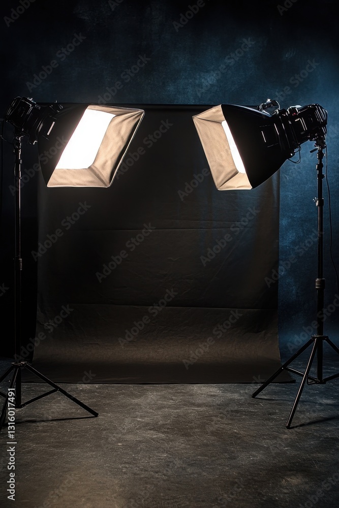 Poster professional studio lighting setup with softboxes and stands against dark backdrop for photography a