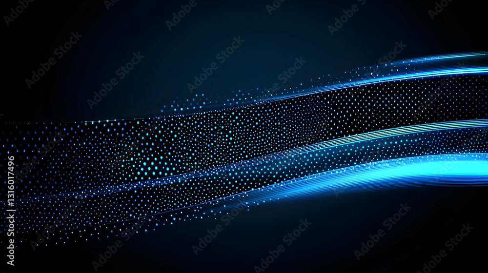 Poster dynamic flow of sparkling blue light particles on a dark background with motion blur and a futuristi