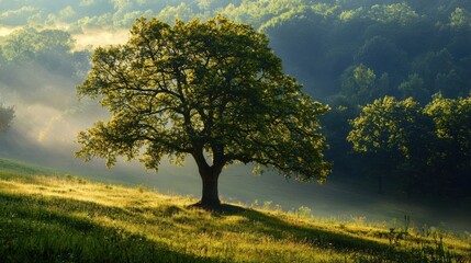 Fototapeta premium Green oak tree in the morning. Amazing summer landscape.