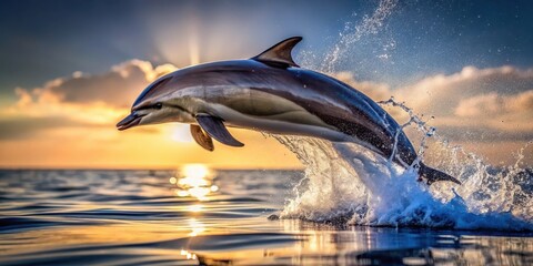 Obraz premium A graceful dolphin leaps from the ocean's surface, its sleek body glistening in the golden light of the setting sun, creating a mesmerizing spectacle of nature's beauty