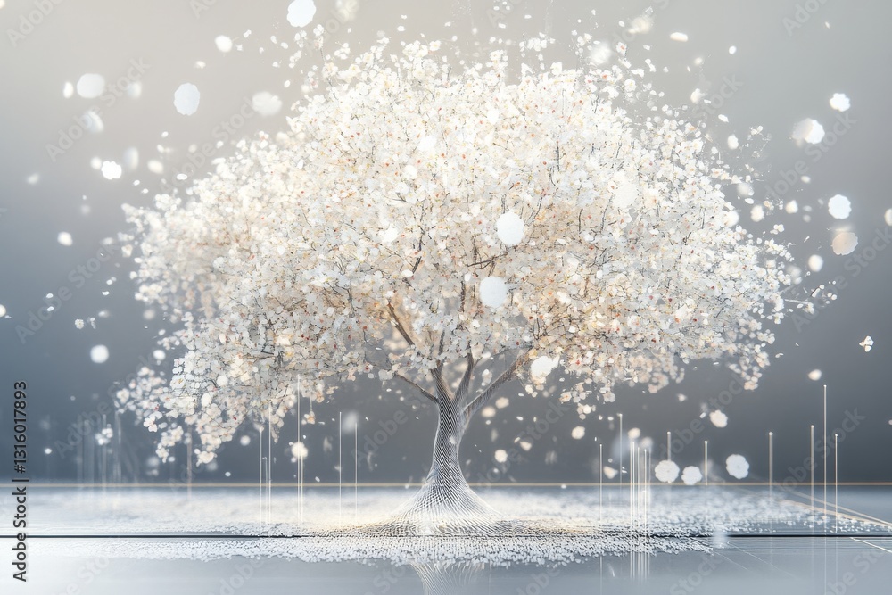 Poster a tree with white leaves is surrounded by snow. the snowflakes are falling around the tree, creating