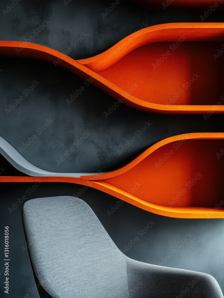 Poster Fluid Dynamics and Modern Design Ergonomic Abstract Visualization of Innovation, Industrial Aesthetics in High-Contrast Orange and Grey Architectural Minimalism