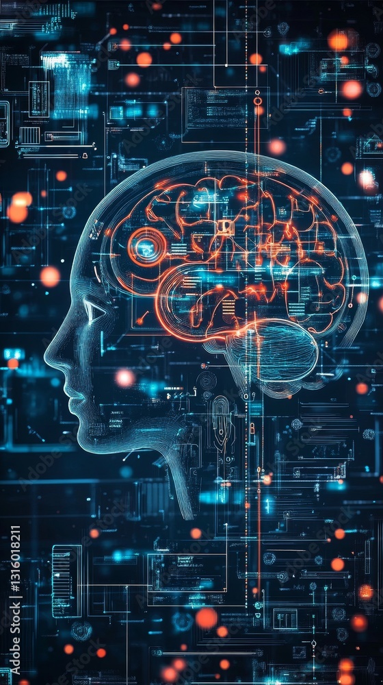 Poster a computer generated image of a brain with a blue background