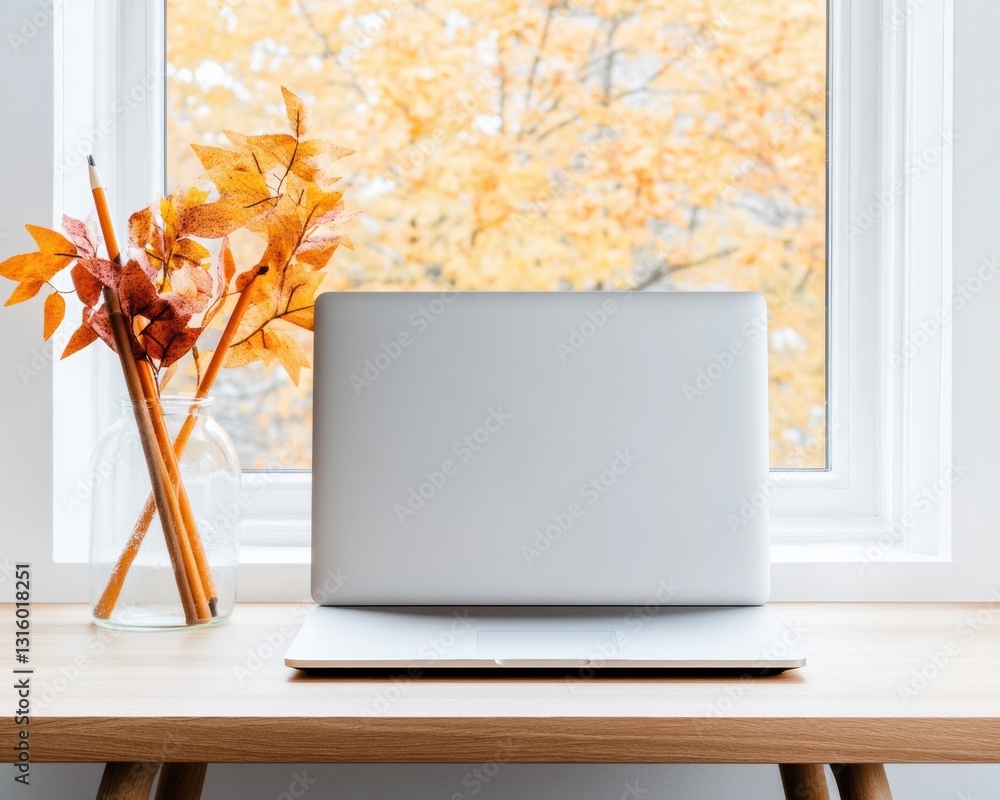 Poster minimalist remote work sanctuary autumn-inspired digital workspace with natural light, ergonomic lap