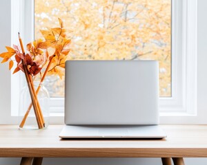 Minimalist Remote Work Sanctuary Autumn-Inspired Digital Workspace with Natural Light, Ergonomic Laptop Setup for Productivity and Creative Focus