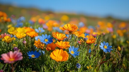 Vibrant Wildflower Meadow with Orange and Blue Blooms Under Bright Sunny Sky