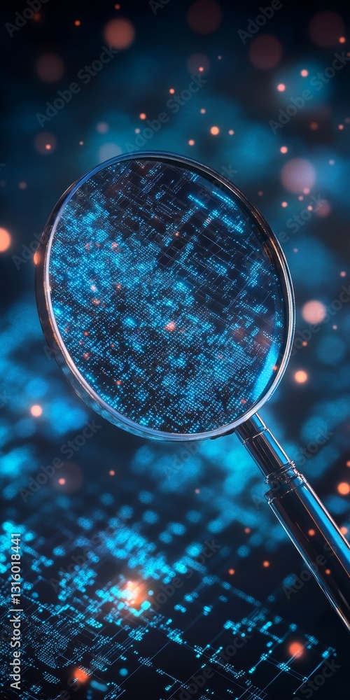 Poster a magnifying glass is positioned over a digital data background, symbolizing analysis and exploratio