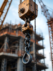 Image of hook and chain hanging from construction site crane