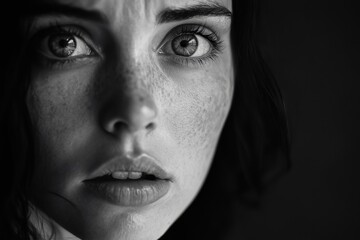 Fototapeta premium Close-up monochrome portrait of a freckled woman. Ideal for themes of emotion, beauty, and vulnerability.