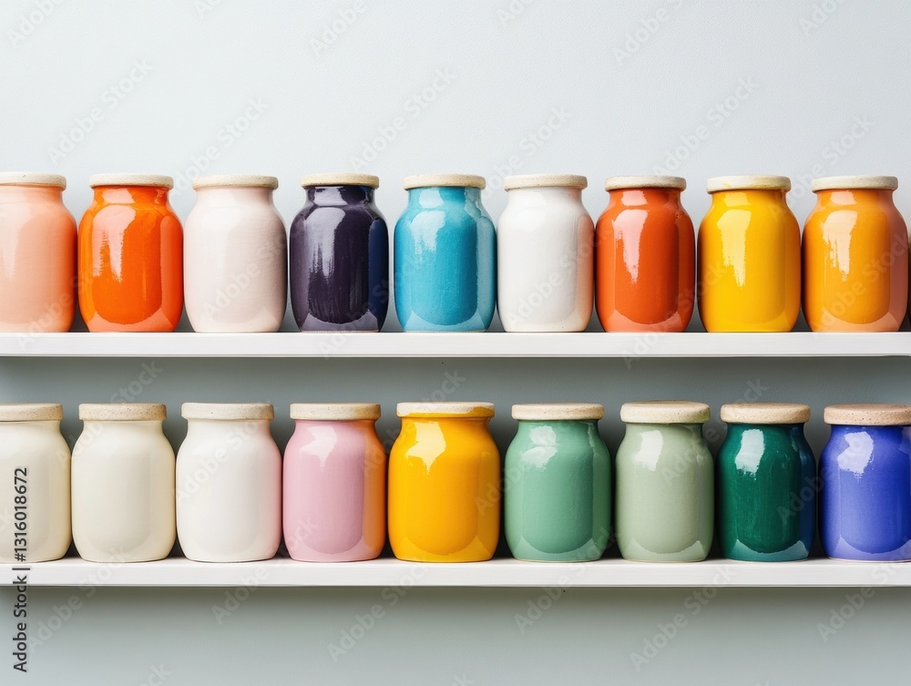 Poster minimalist creative studio palette vibrant ceramic color storage jars showcasing artistic workflow o