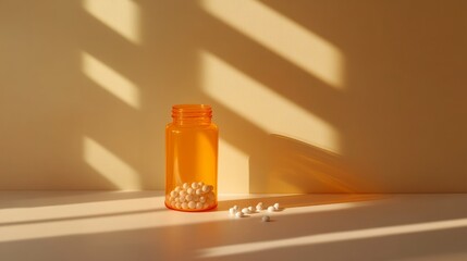 A close-up of a bottle of pills with the lid off, pills scattered around on a minimalist table