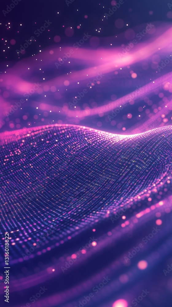 Poster this stunning abstract image features flowing waves of purple light with sparkling particles, creati