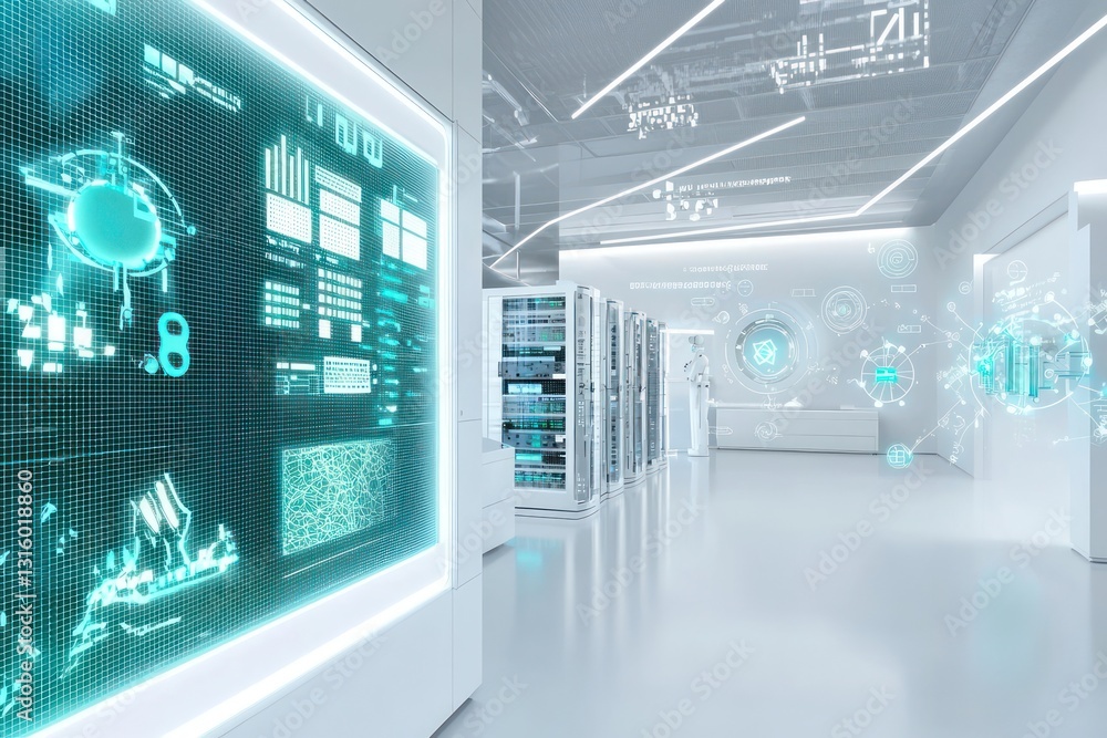 Poster environmental hazard detection visualized by ai in sleek data center.