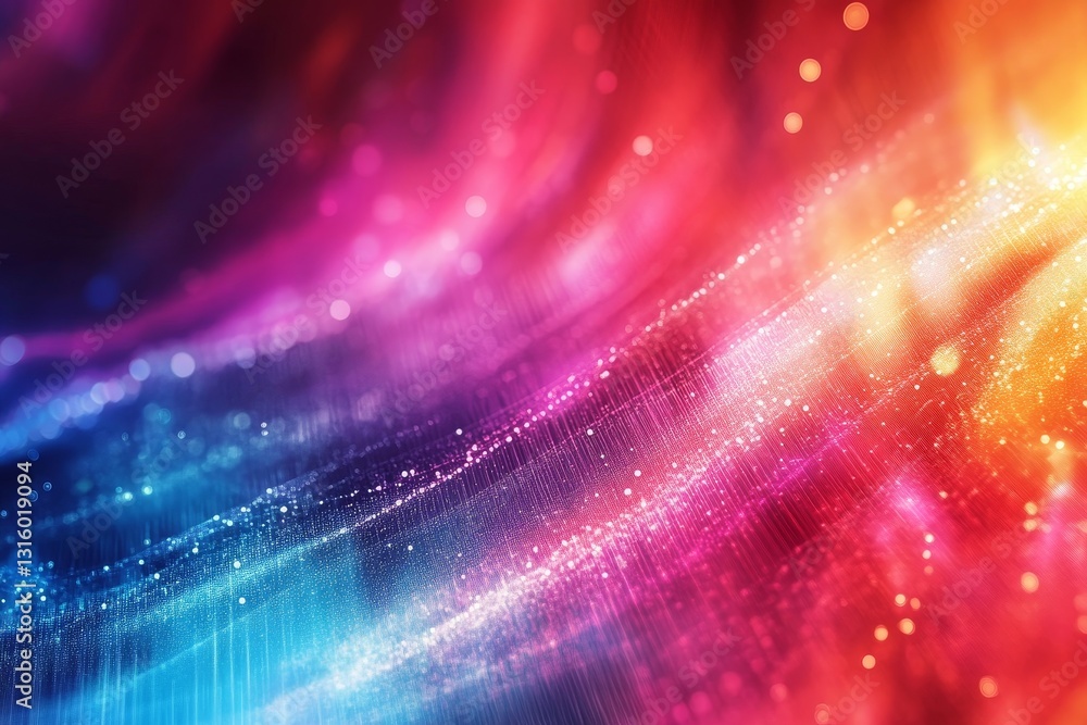 Poster this colorful abstract design features vibrant waves and shimmering light particles, creating a stun