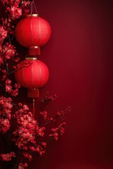 Fototapeta premium Red lanterns, plum blossoms, dark red background; Lunar New Year greeting card