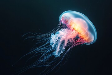 Fototapeta premium Bioluminescent Eco-Narrative Ethereal Jellyfish Illuminating Climate Crisis Awareness in Hyper-Realistic 8K Marine Exploration